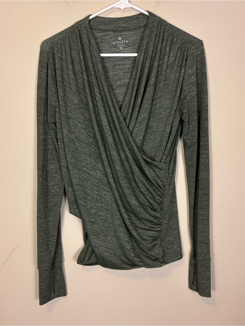 Athleta Heathered Olive Green Wrap-Front V Neck Long Sleeve Top XS